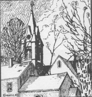 black and white drawing of a church and trees