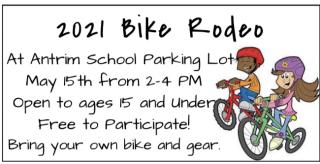 Bike safety event, 2-4 pm  Saturday May 15 at Antrim Town Gym