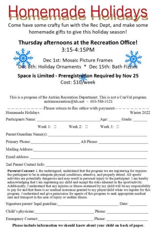 Description of and registration form for Holiday Craft Program