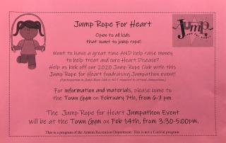Jumpathon Event for Jumprope for Heart. Attend info night on Feb 7, 6-7 pm at Town Gym