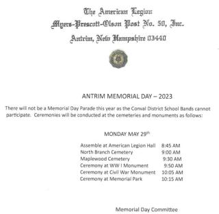 Memorial Day Schedule of events
