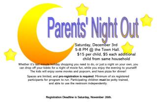 Crescent moon image with text describing parents night out event