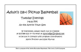 Picture of Basketball and Text describing adult pick up basketball Tuesdays at Antrim Town Gym